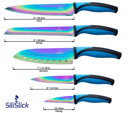Kitchen Knife Set Kit | Blue Handle, Black Magnetic Rack & Sharpener