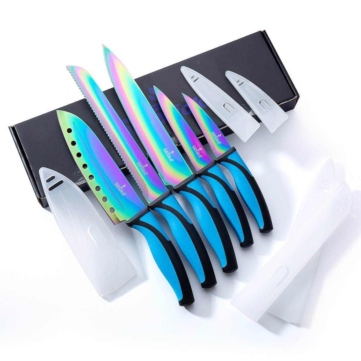 Kitchen Knife Set Kit | Blue Handle, Black Magnetic Rack & Sharpener