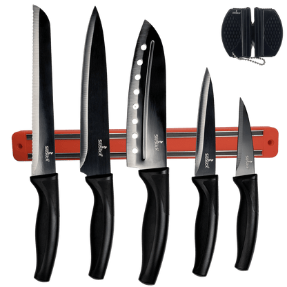 Kitchen Knife Set Kit | Red Magnetic Rack & Portable Sharpener
